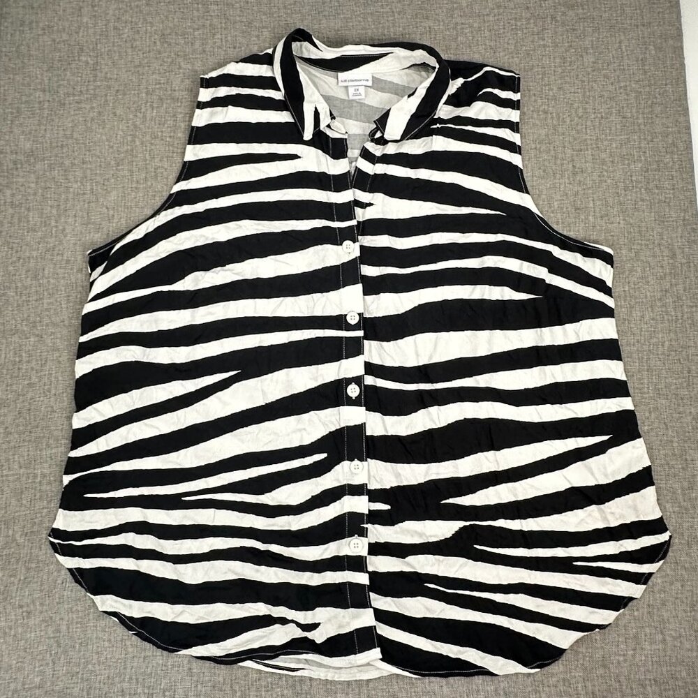 NEW without Tags Liz Claiborne Zebra Button Down Top Black White 2X Rayon Blouse